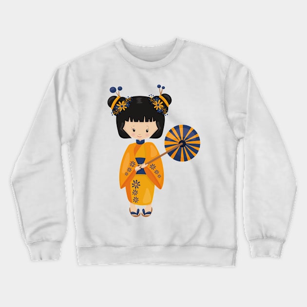 Japanese Girl, Japan, Cute Girl, Orange Kimono Crewneck Sweatshirt by Jelena Dunčević